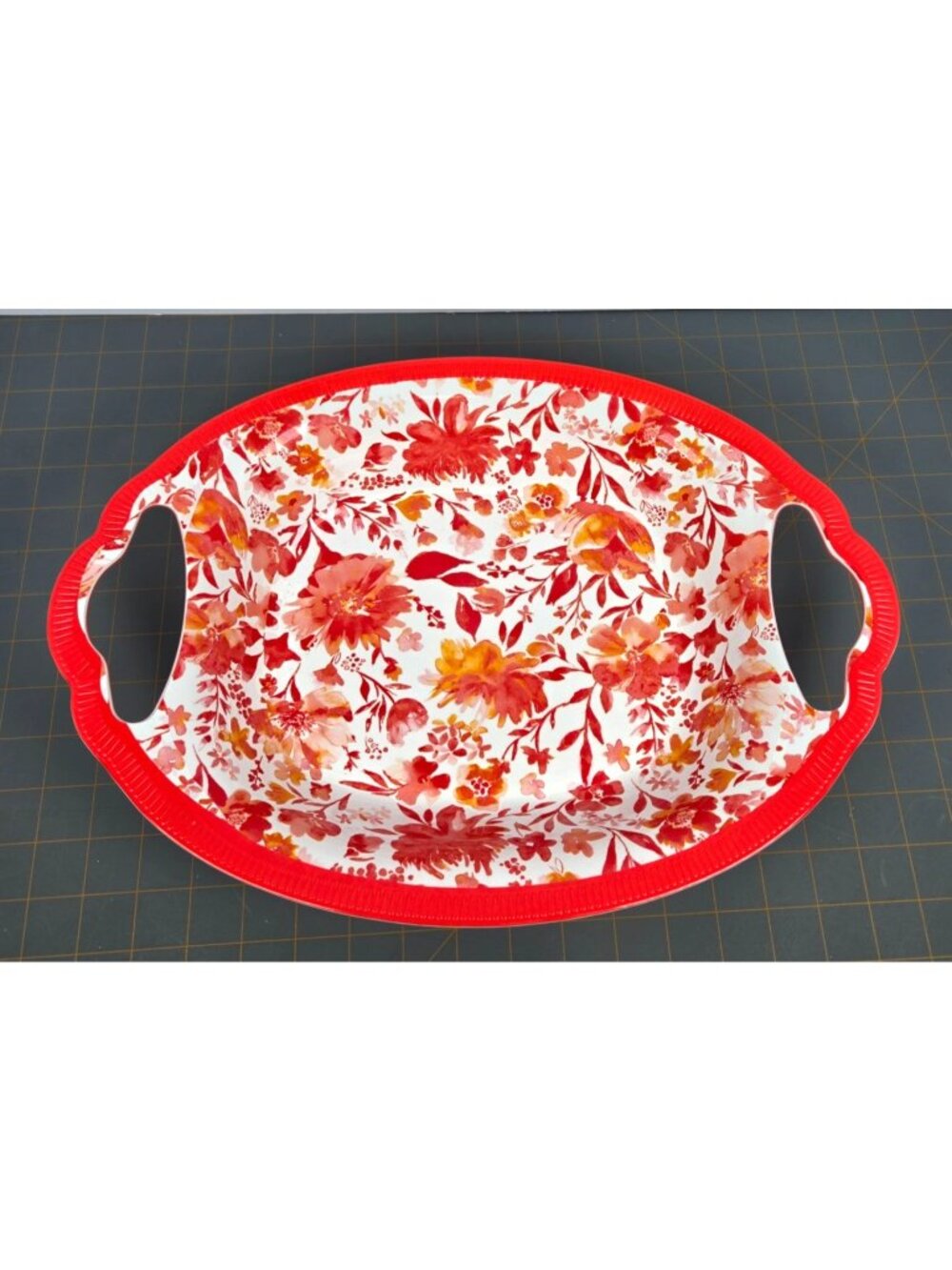 Pioneer Woman Painterly Floral Red Melamine Oval Serve Bowl 16x11 in Handles EUC